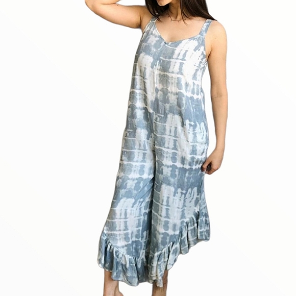 JAPNA Light Blue Tie-Dye Wide Ruffle Leg Jumpsuit - Picture 2 of 13